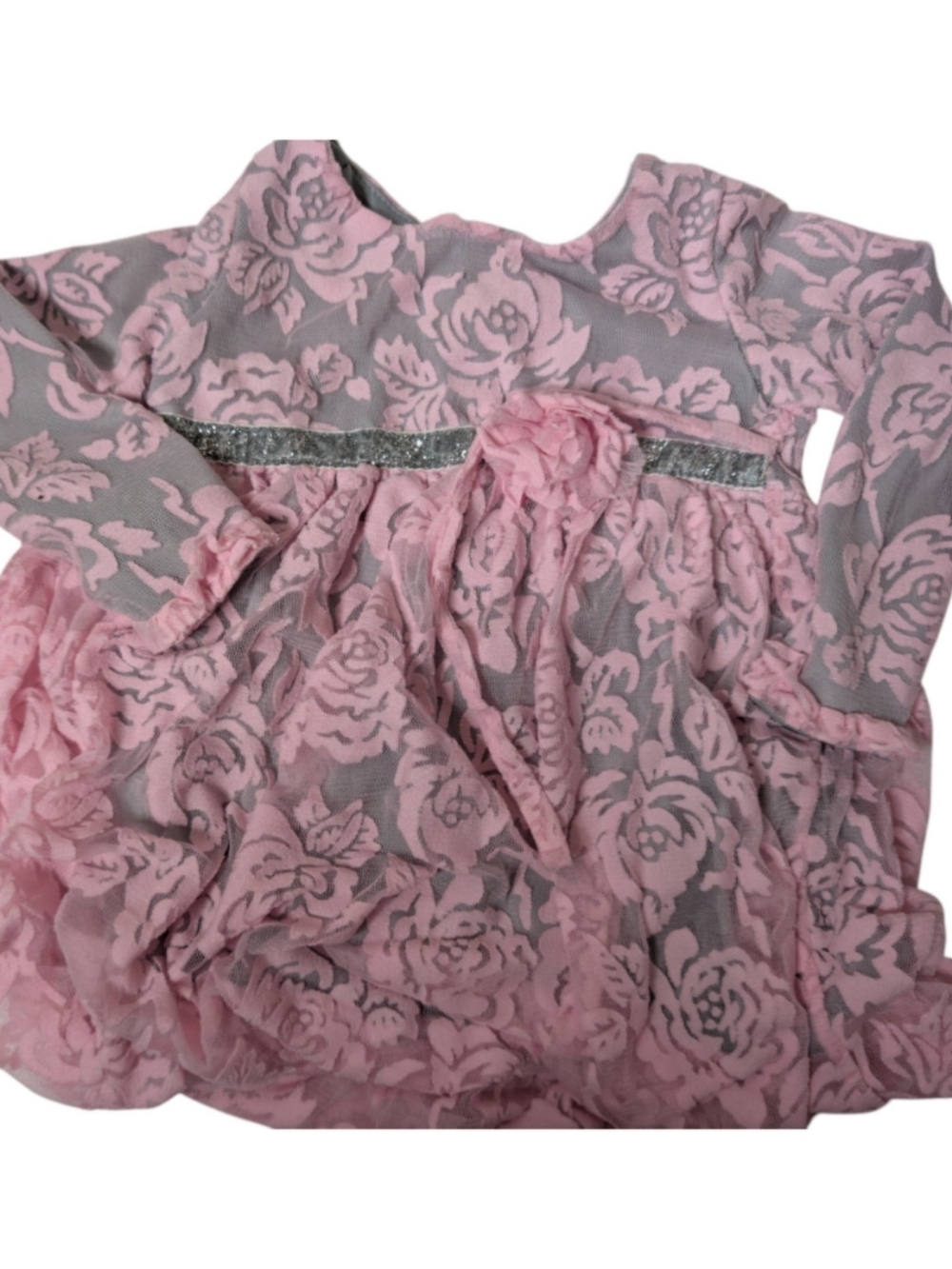 Younglad Pink & Gray Floral Lace Baby Dress with Trim 2T